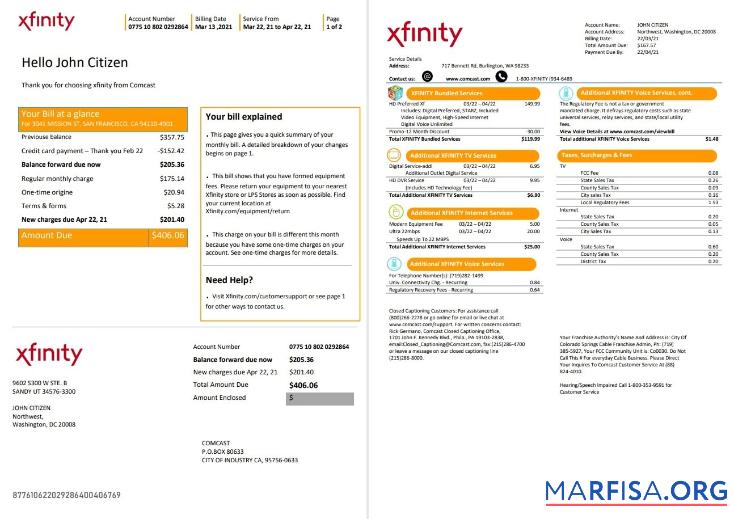 Printable USA San Francisco Xfinity Comcast utility bill template in Word and PDF format (2 pages)